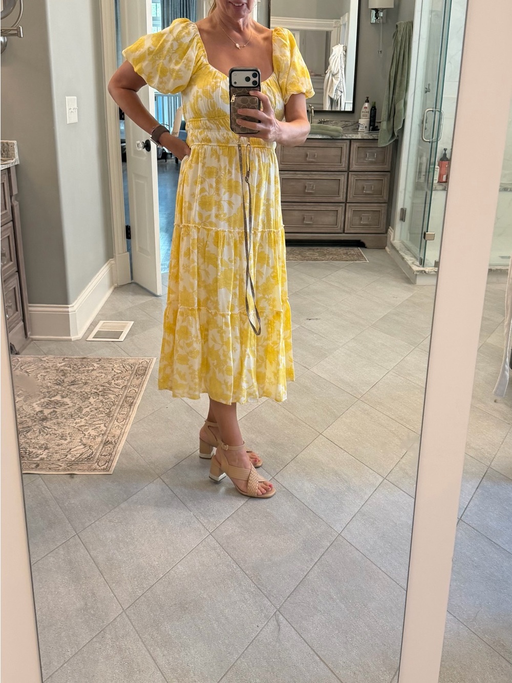 Trixxi Yellow Floral Puff-Sleeve Midi Dress